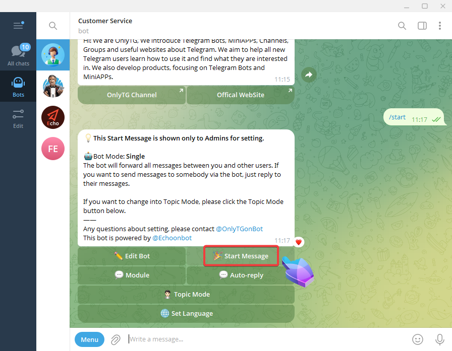 Configure Telegram Bot Menu by OnlyTG Echo