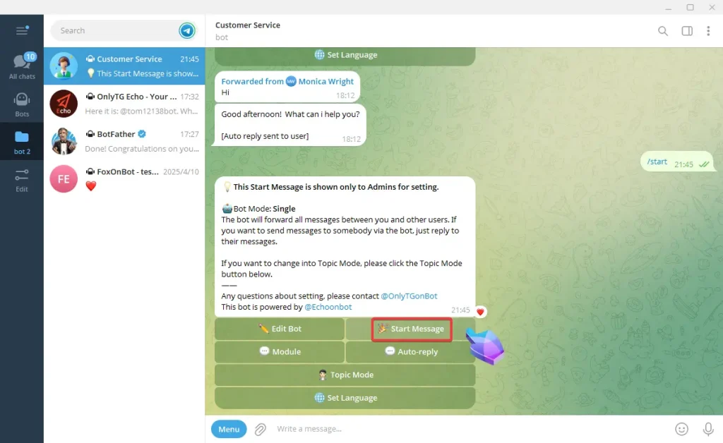 Telegram bot welcome messages