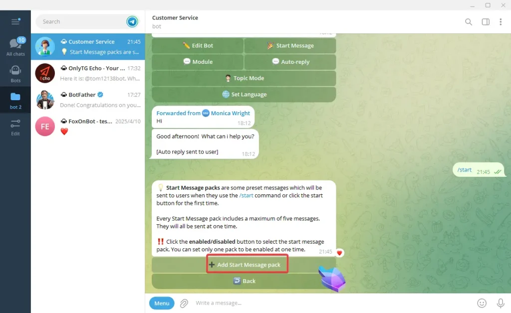 Telegram bot welcome messages