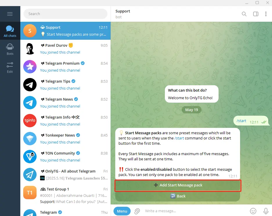 Configure Telegram Bot Settings with Menu Button by OnlyTG Echo