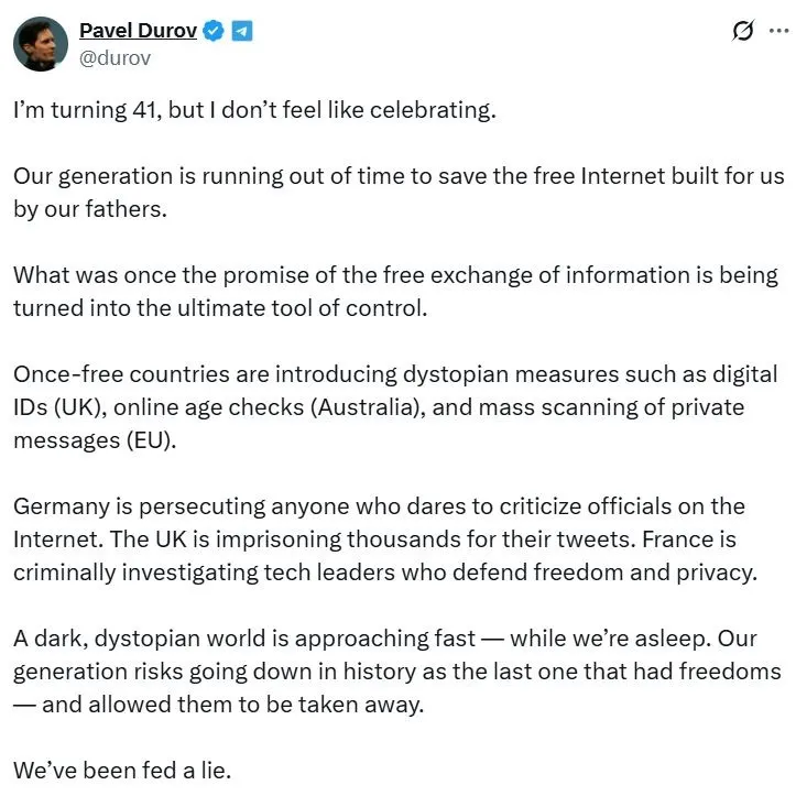 [2025.10.10] Pavel Durov Warns of a Looming Dystopian Future as Privacy Erodes Globally